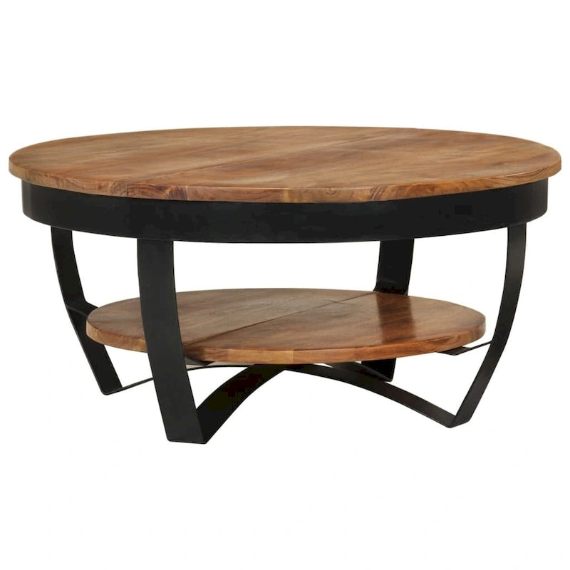Round Solid Acacia Wood Coffee Table with Lower Shelf & Steel Base