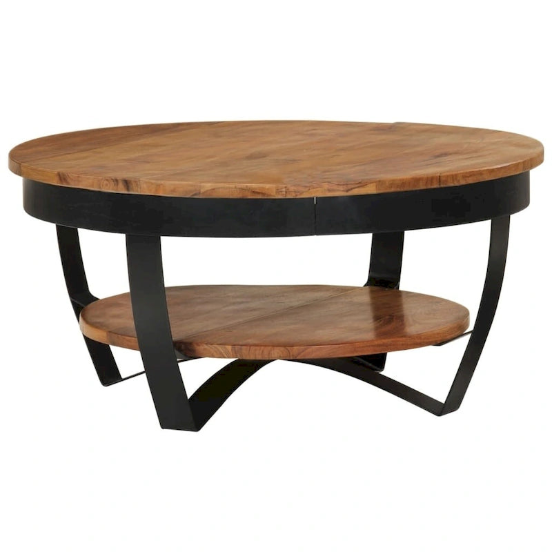 Round Solid Acacia Wood Coffee Table with Lower Shelf & Steel Base