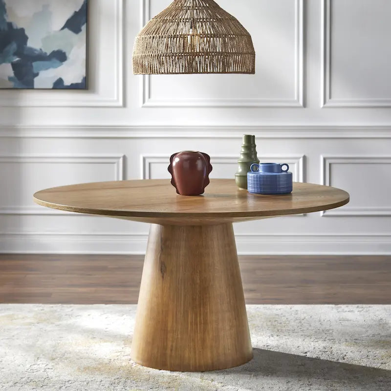 59-Inch Round Dining Table with Solid Wood Pedestal Base