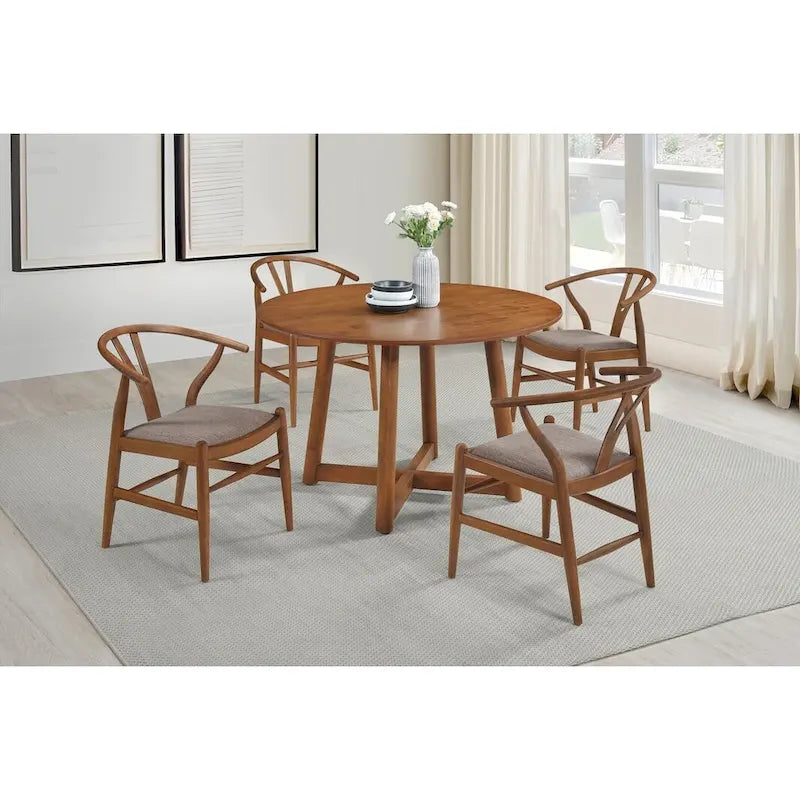 Round Solid Wood Dining Table with Geometric Intersecting Base — Walnut Finish