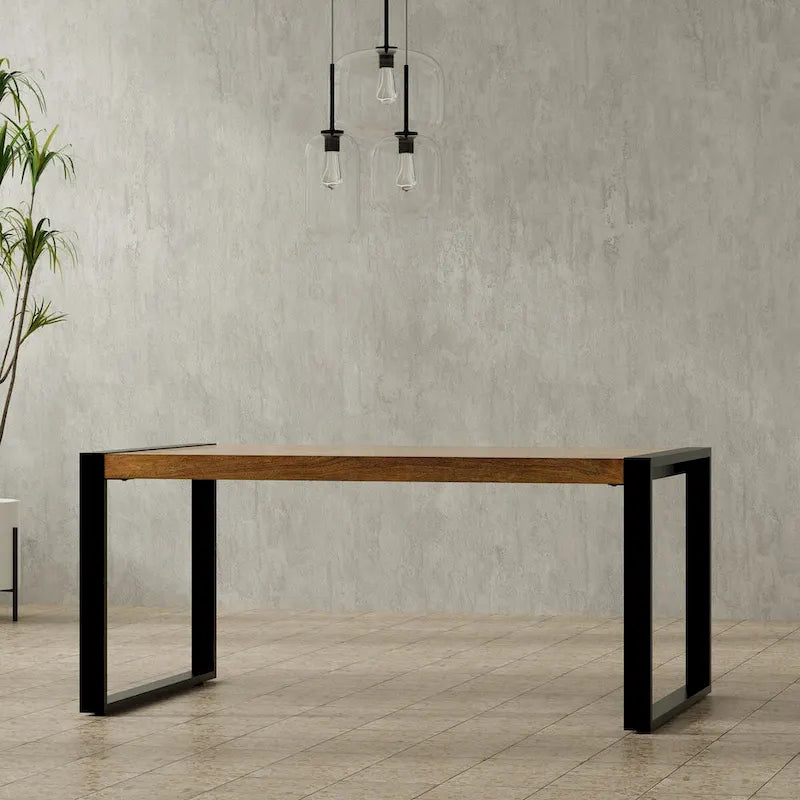 66-Inch Solid Mango Wood Dining Table with Black Metal Legs