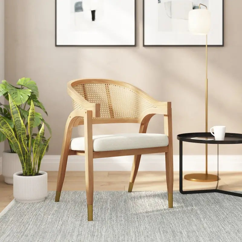 Cane Rattan Barrel Back Dining Chair with Cushioned Seat & Armrests