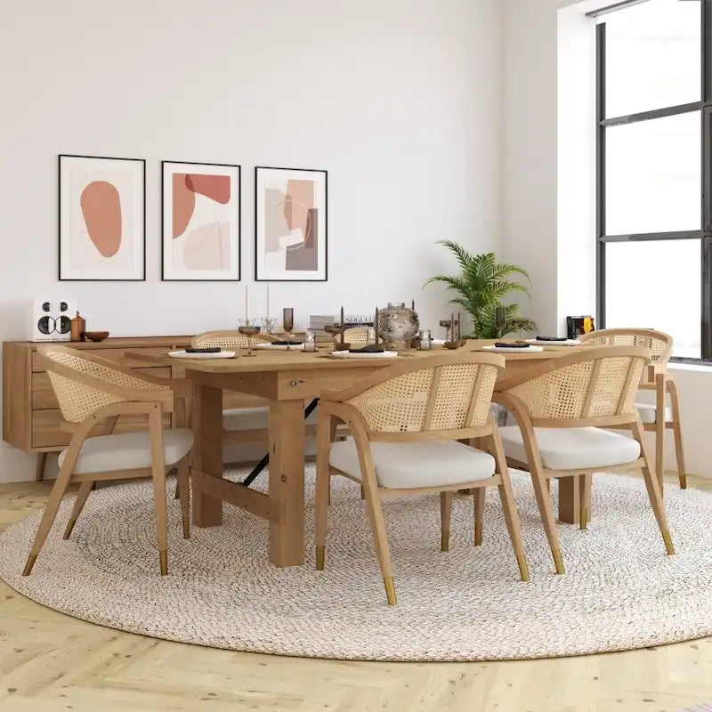Cane Rattan Barrel Back Dining Chair with Cushioned Seat & Armrests
