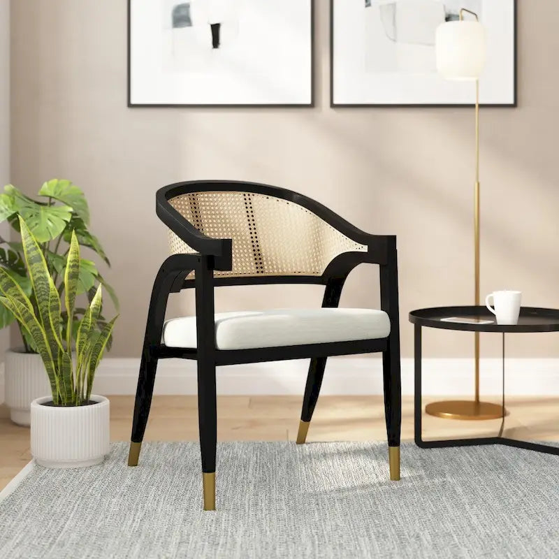 Cane Rattan Barrel Back Dining Chair with Cushioned Seat & Armrests