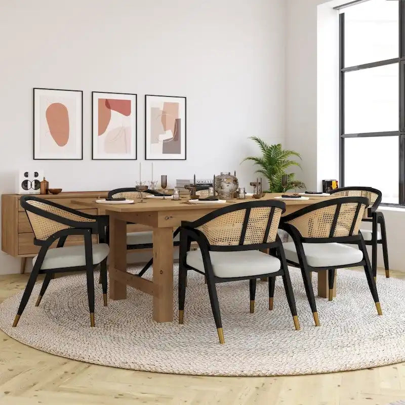 Cane Rattan Barrel Back Dining Chair with Cushioned Seat & Armrests