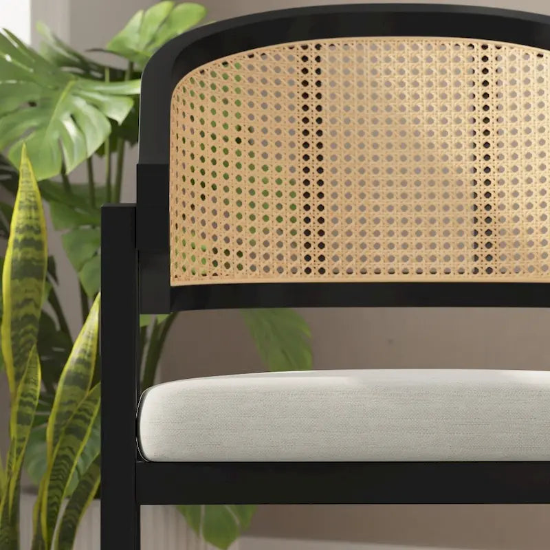 Cane Rattan Barrel Back Dining Chair with Cushioned Seat & Armrests