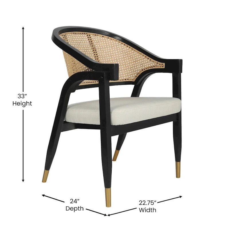 Cane Rattan Barrel Back Dining Chair with Cushioned Seat & Armrests