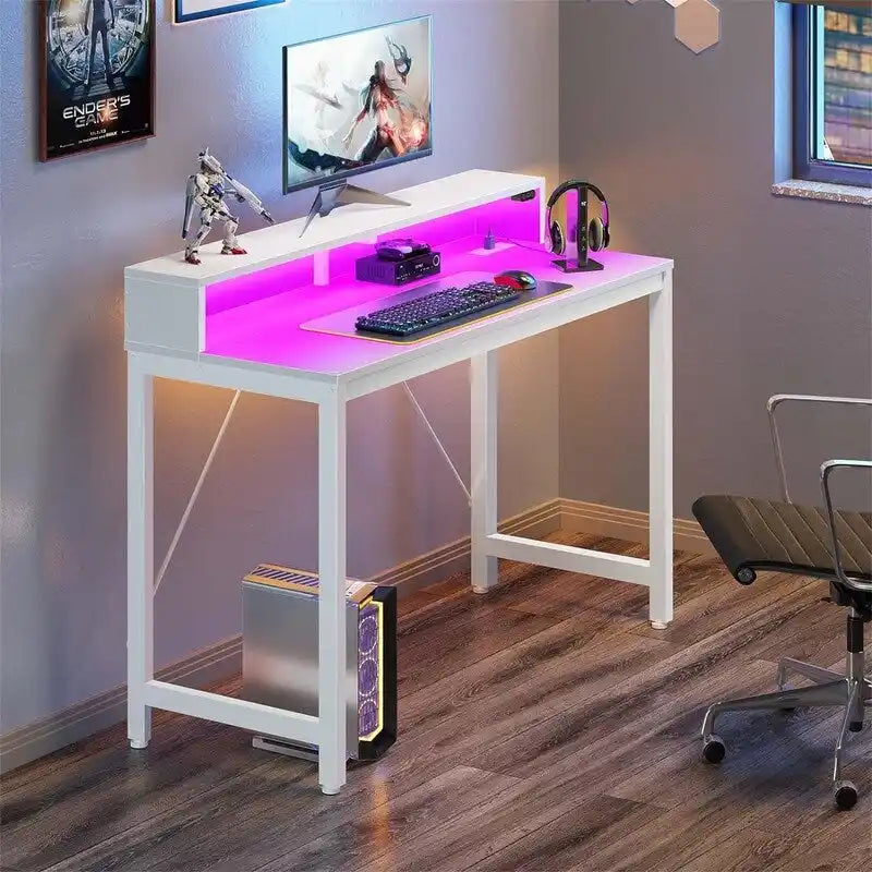 39" Gaming & Computer Desk with RGB LED Lights, Monitor Stand & Built-in Charging