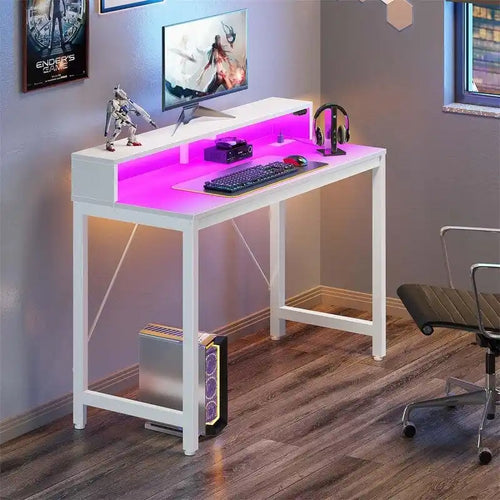 39" Gaming & Computer Desk with RGB LED Lights, Monitor Stand & Built-in Charging