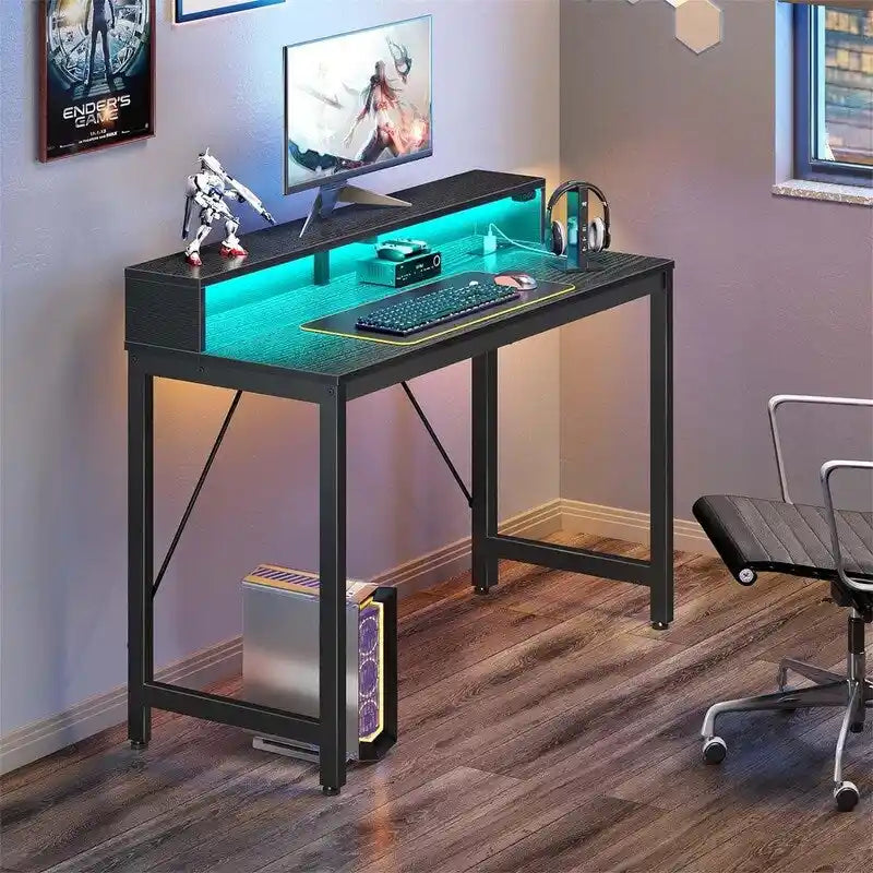39" Gaming & Computer Desk with RGB LED Lights, Monitor Stand & Built-in Charging