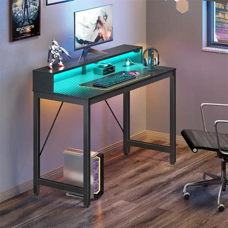 39" Gaming & Computer Desk with RGB LED Lights, Monitor Stand & Built-in Charging