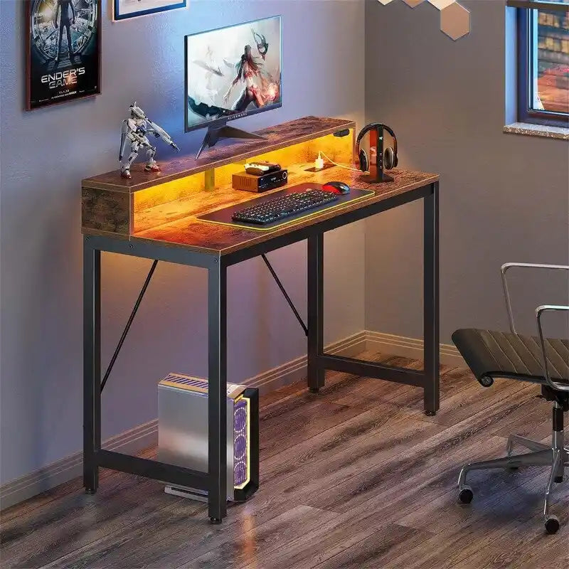 39" Gaming & Computer Desk with RGB LED Lights, Monitor Stand & Built-in Charging