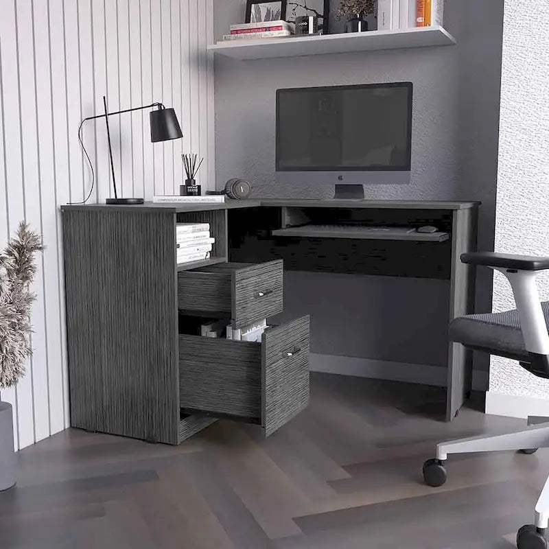 L-Shaped Corner Desk with Keyboard Tray, 2 Drawers & Open Shelf