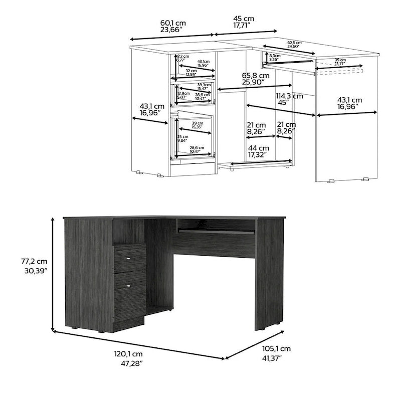 L-Shaped Corner Desk with Keyboard Tray, 2 Drawers & Open Shelf