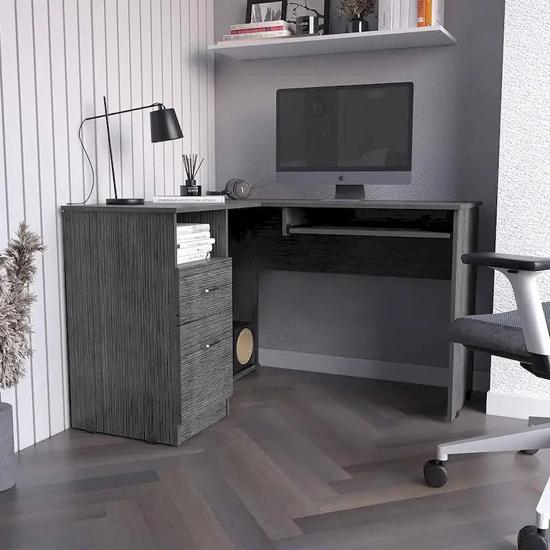 L-Shaped Corner Desk with Keyboard Tray, 2 Drawers & Open Shelf