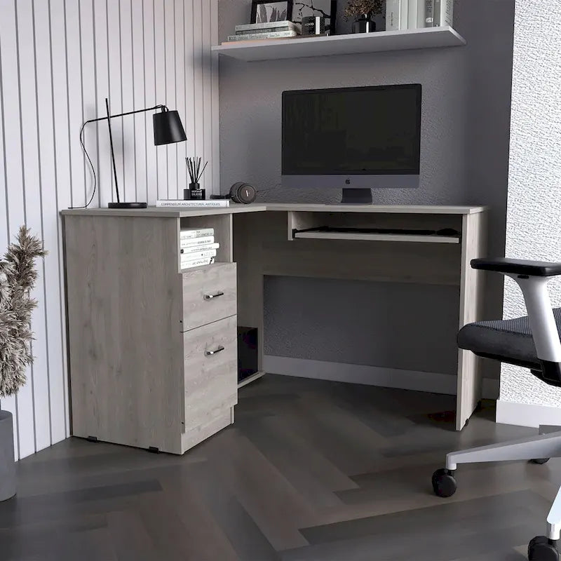 L-Shaped Corner Desk with Keyboard Tray, 2 Drawers & Open Shelf