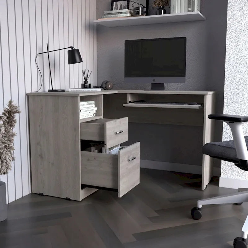 L-Shaped Corner Desk with Keyboard Tray, 2 Drawers & Open Shelf