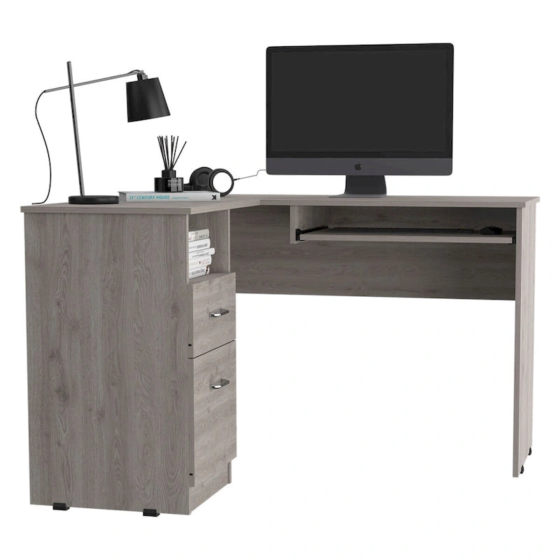 L-Shaped Corner Desk with Keyboard Tray, 2 Drawers & Open Shelf