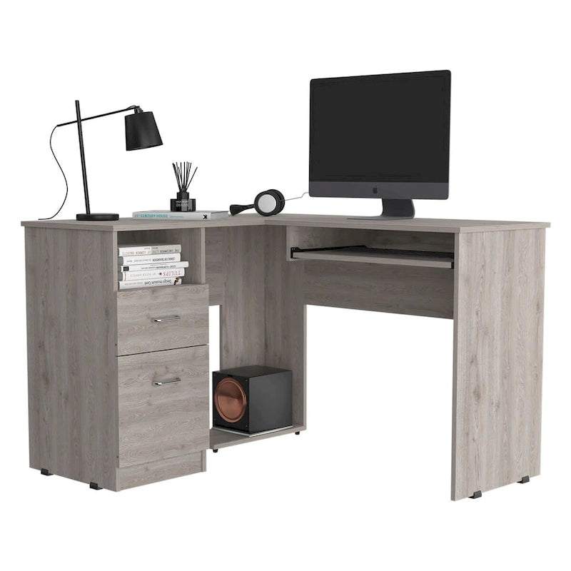 L-Shaped Corner Desk with Keyboard Tray, 2 Drawers & Open Shelf