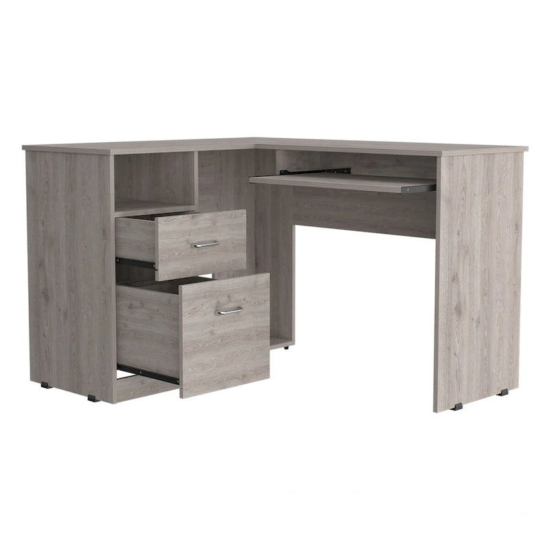 L-Shaped Corner Desk with Keyboard Tray, 2 Drawers & Open Shelf
