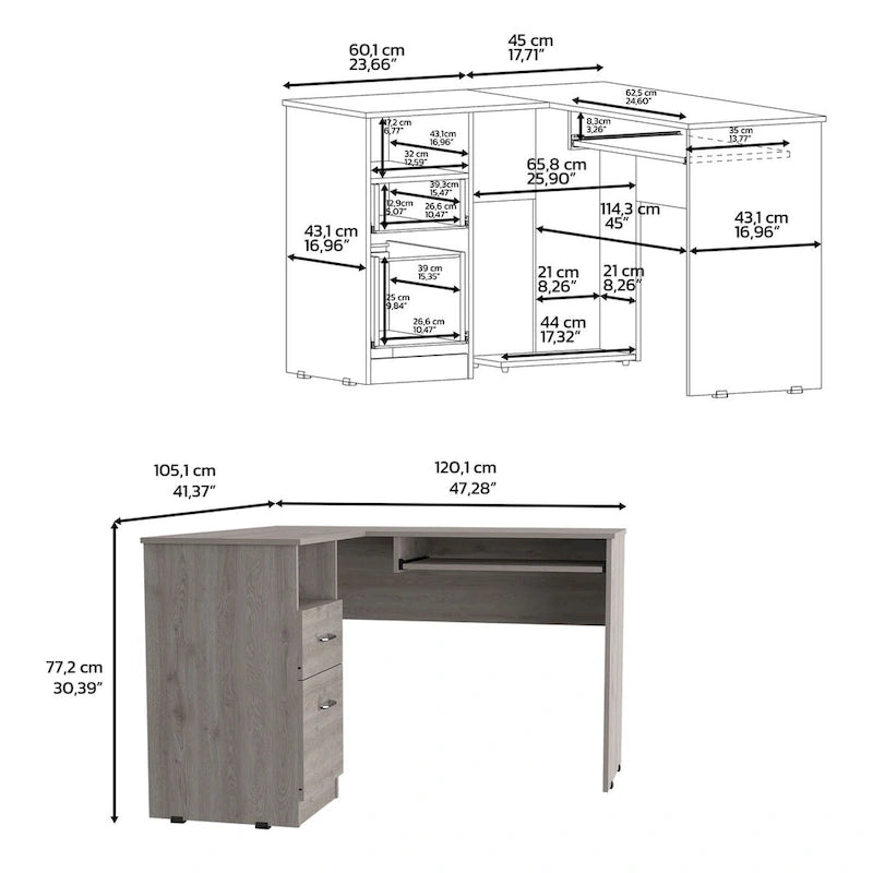 L-Shaped Corner Desk with Keyboard Tray, 2 Drawers & Open Shelf