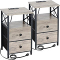 Nightstand with Built-in Charging Station, 2 Fabric Drawers & X-Shape Metal Frame
