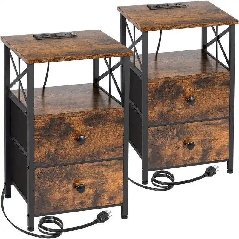 Nightstand with Built-in Charging Station, 2 Fabric Drawers & X-Shape Metal Frame