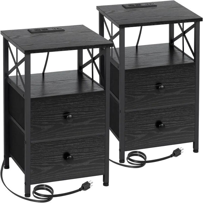 Nightstand with Built-in Charging Station, 2 Fabric Drawers & X-Shape Metal Frame