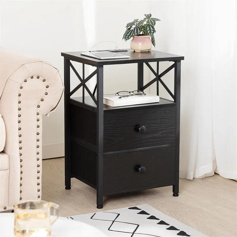 Nightstand with Built-in Charging Station, 2 Fabric Drawers & X-Shape Metal Frame