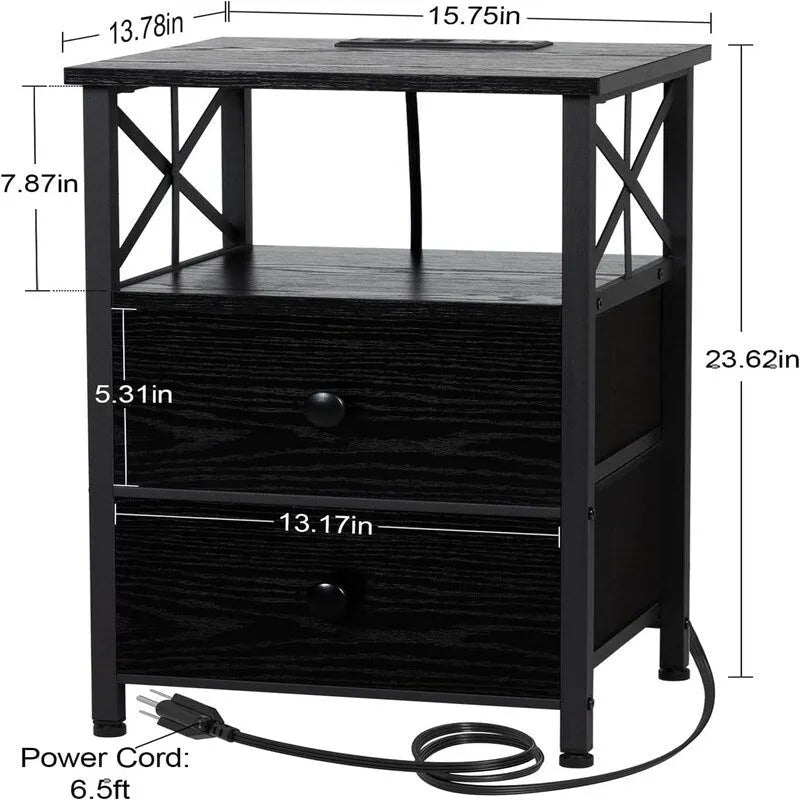 Nightstand with Built-in Charging Station, 2 Fabric Drawers & X-Shape Metal Frame
