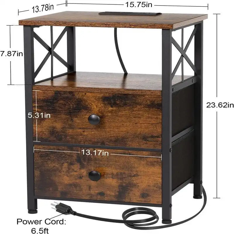 Nightstand with Built-in Charging Station, 2 Fabric Drawers & X-Shape Metal Frame