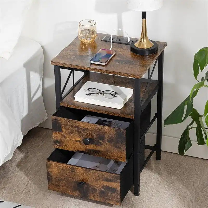 Nightstand with Built-in Charging Station, 2 Fabric Drawers & X-Shape Metal Frame
