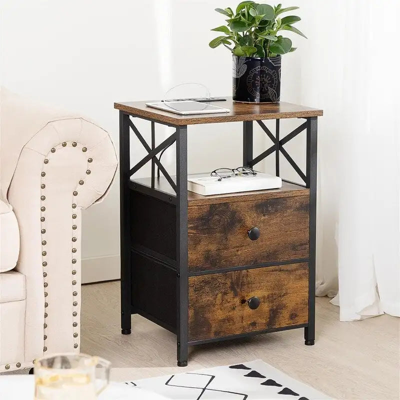 Nightstand with Built-in Charging Station, 2 Fabric Drawers & X-Shape Metal Frame
