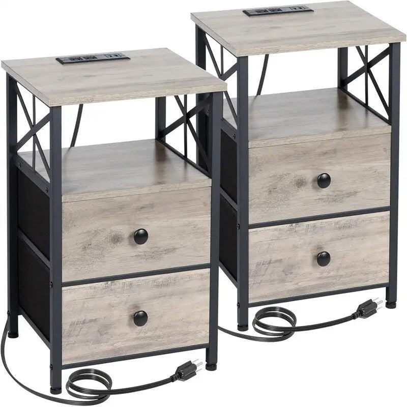 Nightstand with Built-in Charging Station, 2 Fabric Drawers & X-Shape Metal Frame
