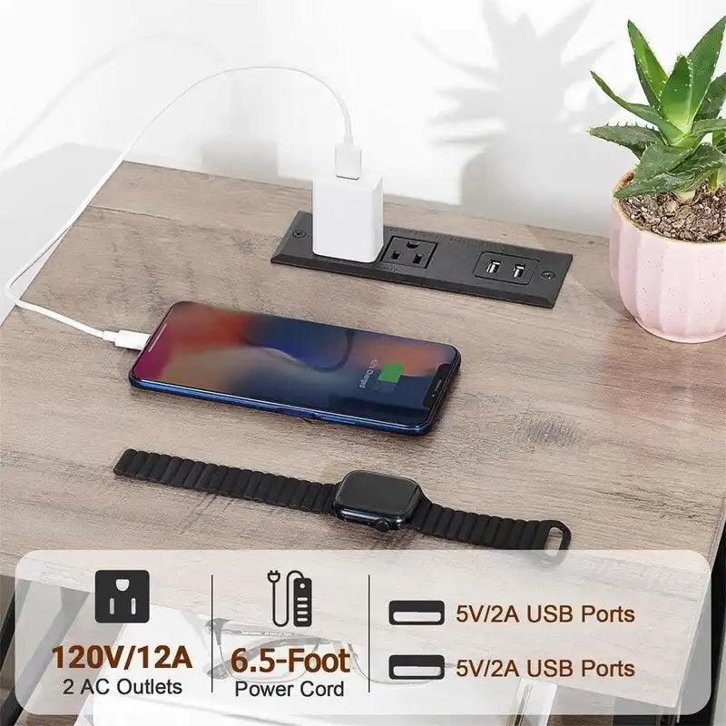 Nightstand with Built-in Charging Station, 2 Fabric Drawers & X-Shape Metal Frame