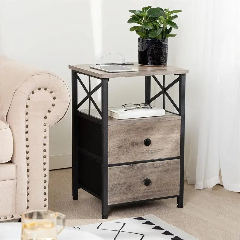 Nightstand with Built-in Charging Station, 2 Fabric Drawers & X-Shape Metal Frame