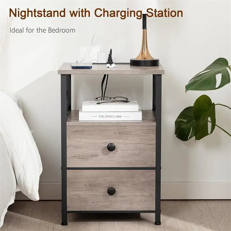 Nightstand with Built-in Charging Station, 2 Fabric Drawers & X-Shape Metal Frame