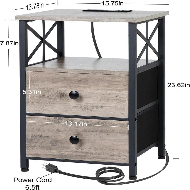 Nightstand with Built-in Charging Station, 2 Fabric Drawers & X-Shape Metal Frame
