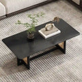 Solid Wood Coffee Table with Rattan-Weave Top — Rectangular Low Table