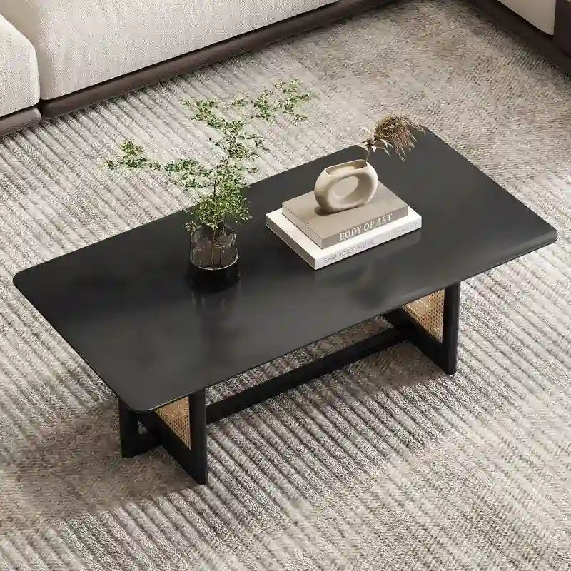 Solid Wood Coffee Table with Rattan-Weave Top — Rectangular Low Table