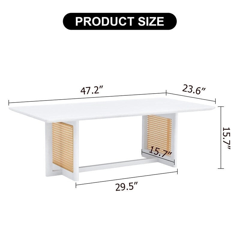 Solid Wood Coffee Table with Rattan-Weave Top — Rectangular Low Table
