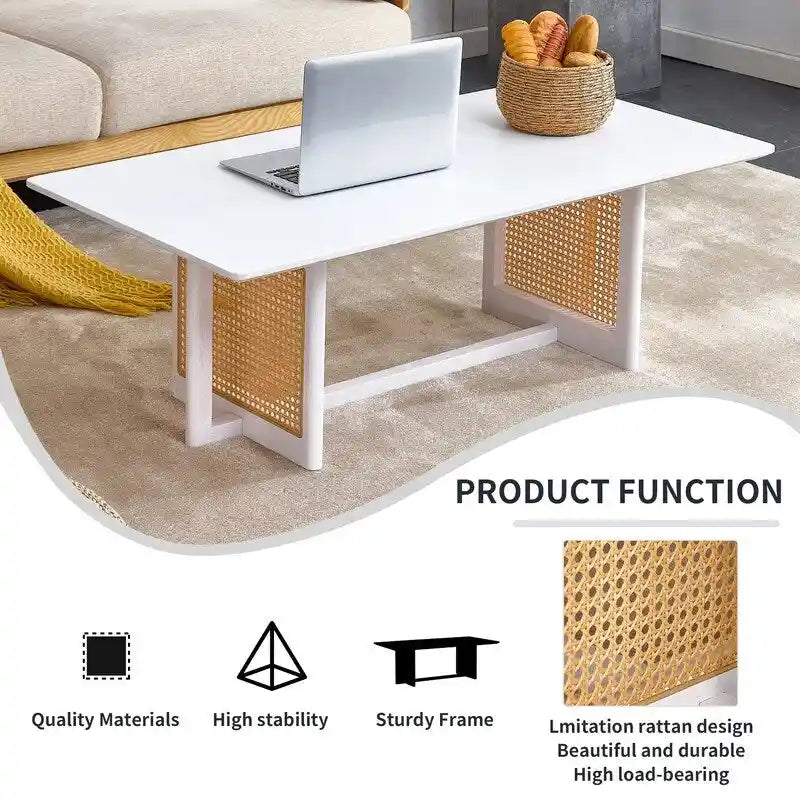 Solid Wood Coffee Table with Rattan-Weave Top — Rectangular Low Table