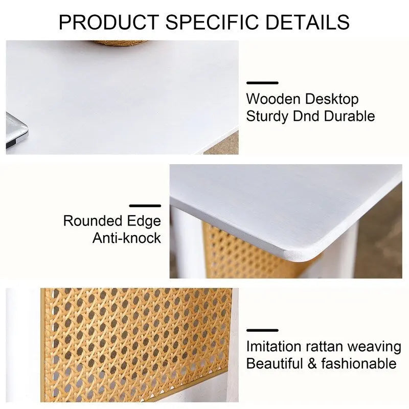 Solid Wood Coffee Table with Rattan-Weave Top — Rectangular Low Table