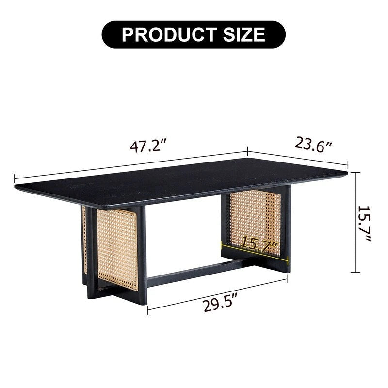 Solid Wood Coffee Table with Rattan-Weave Top — Rectangular Low Table