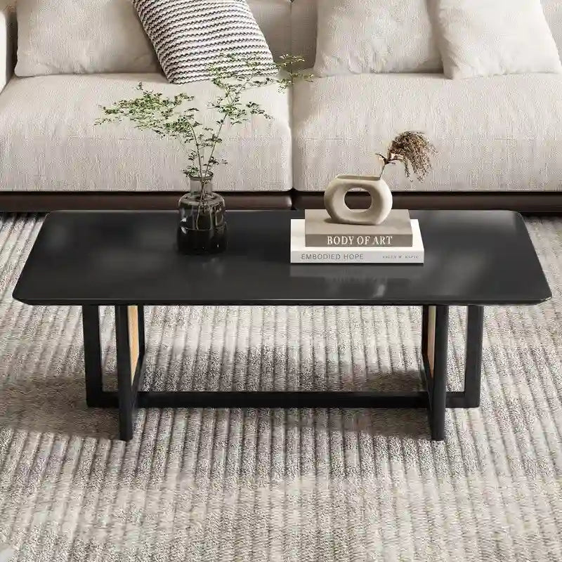 Solid Wood Coffee Table with Rattan-Weave Top — Rectangular Low Table