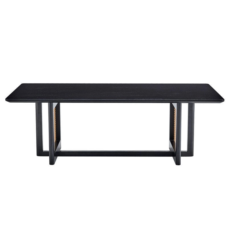Solid Wood Coffee Table with Rattan-Weave Top — Rectangular Low Table