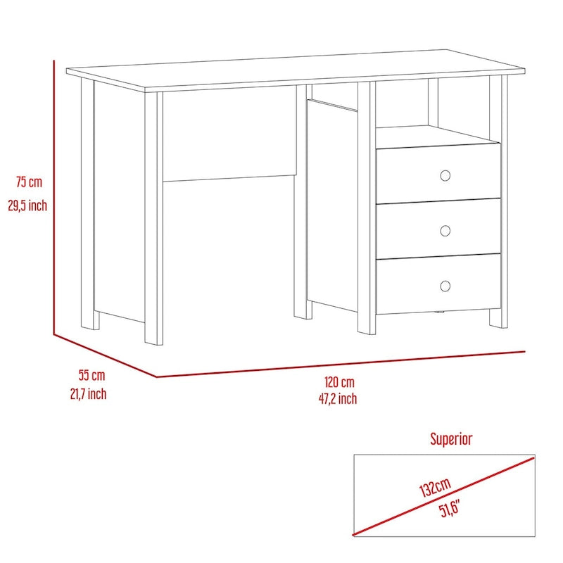 47" Modern Writing & Computer Desk with 3 Drawers & Open Shelf