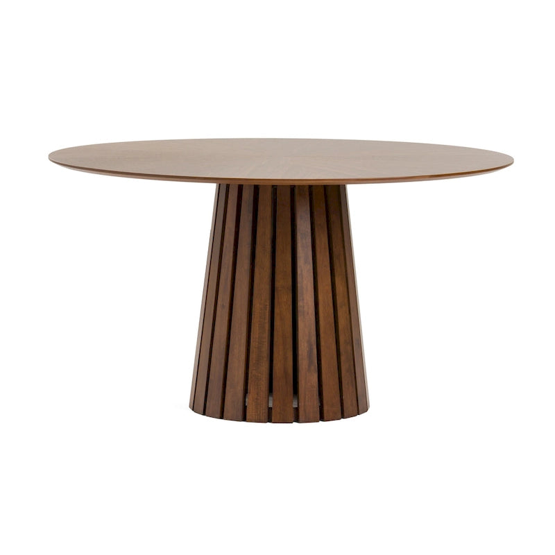 54-Inch Round Walnut Veneer Dining Table with Slatted Pedestal Base