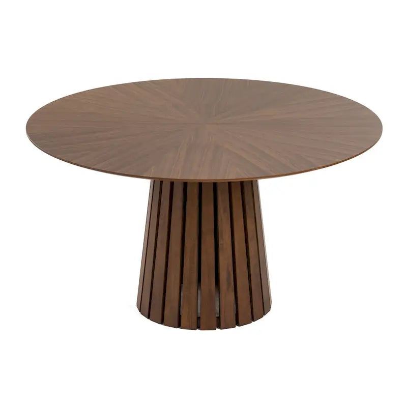 54-Inch Round Walnut Veneer Dining Table with Slatted Pedestal Base