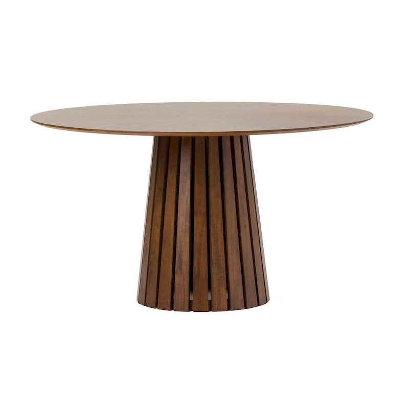 54-Inch Round Walnut Veneer Dining Table with Slatted Pedestal Base